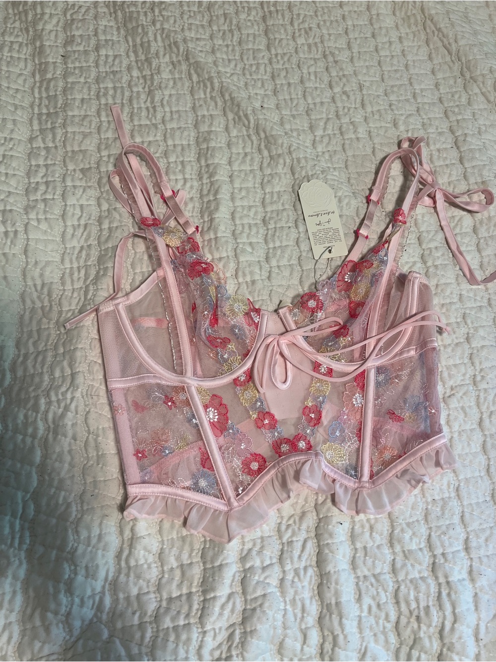 For Love And Lemons Pink Floral Embroidered Sheer Bustier